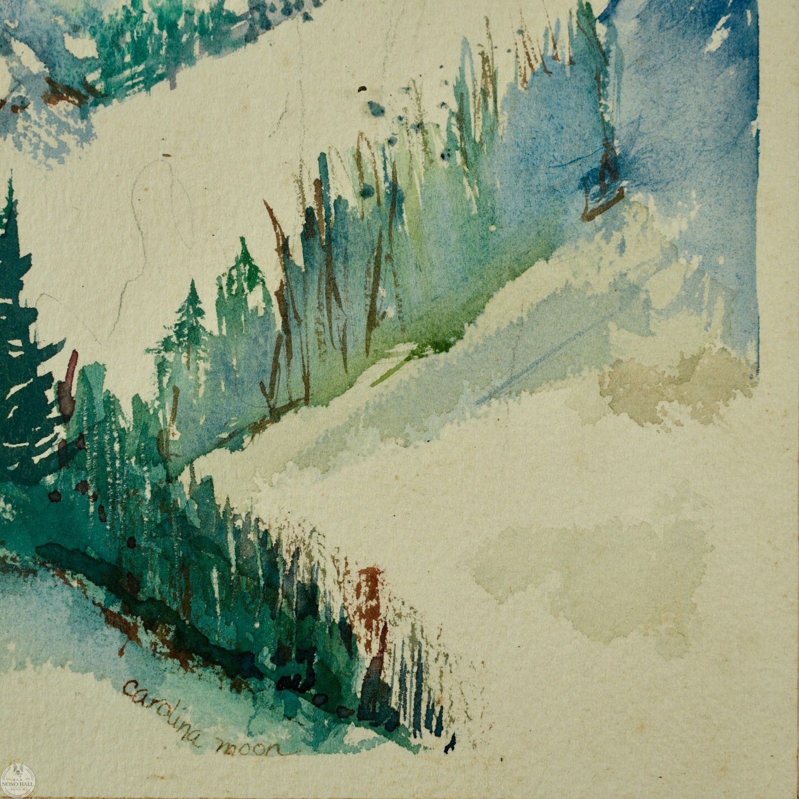 Vintage Original Impressionist Landscape Watercolor Painting «Alpine Winter»