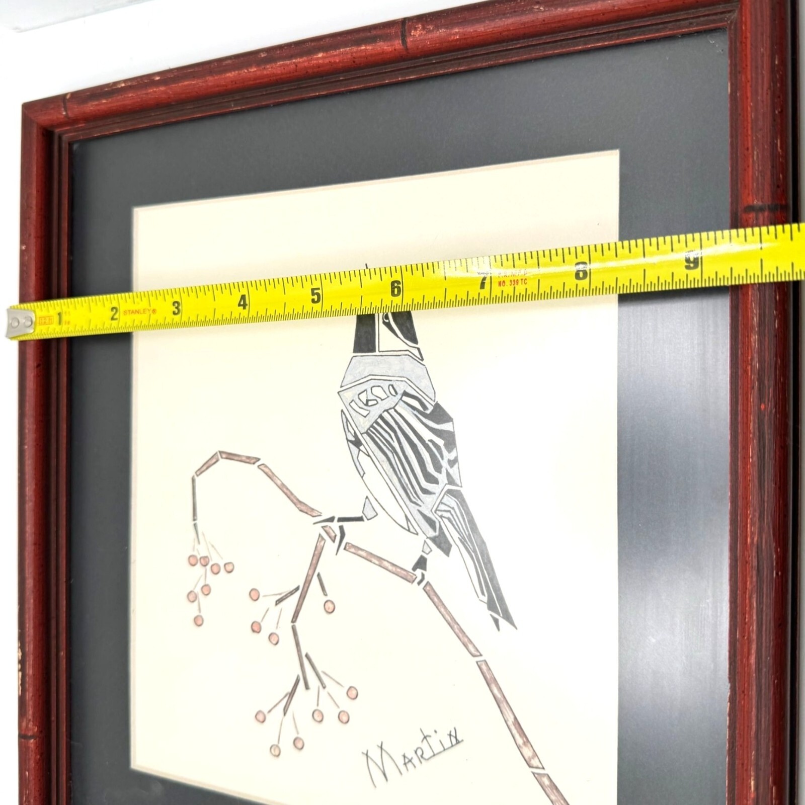Framed Bird Illustration Signed By Artist Martin Red Bamboo-Style Frame 7.25″