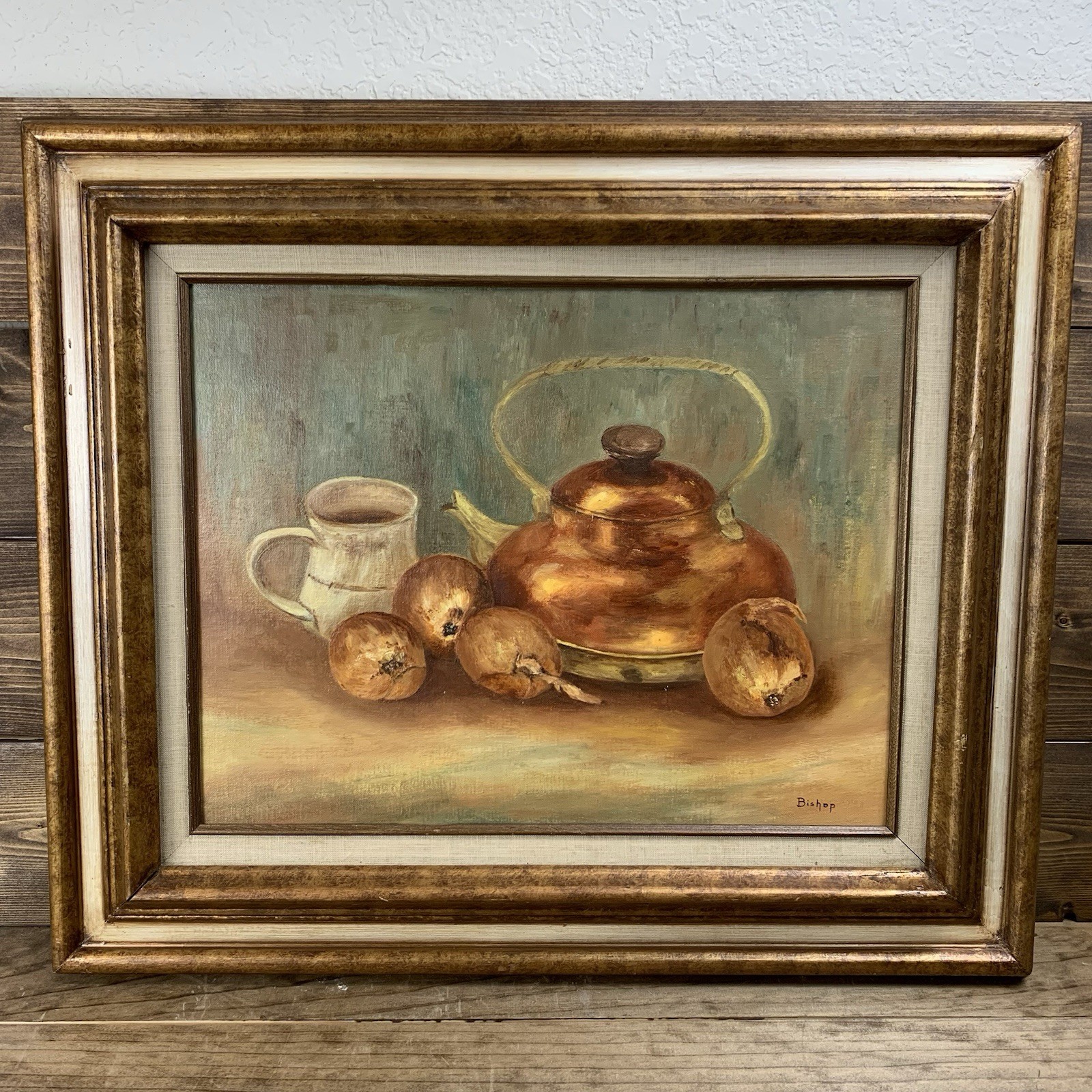 Vtg Signed Kitchen Still Life Copper Kettle Onions Coffee Mug (21.5” x 25.75”)