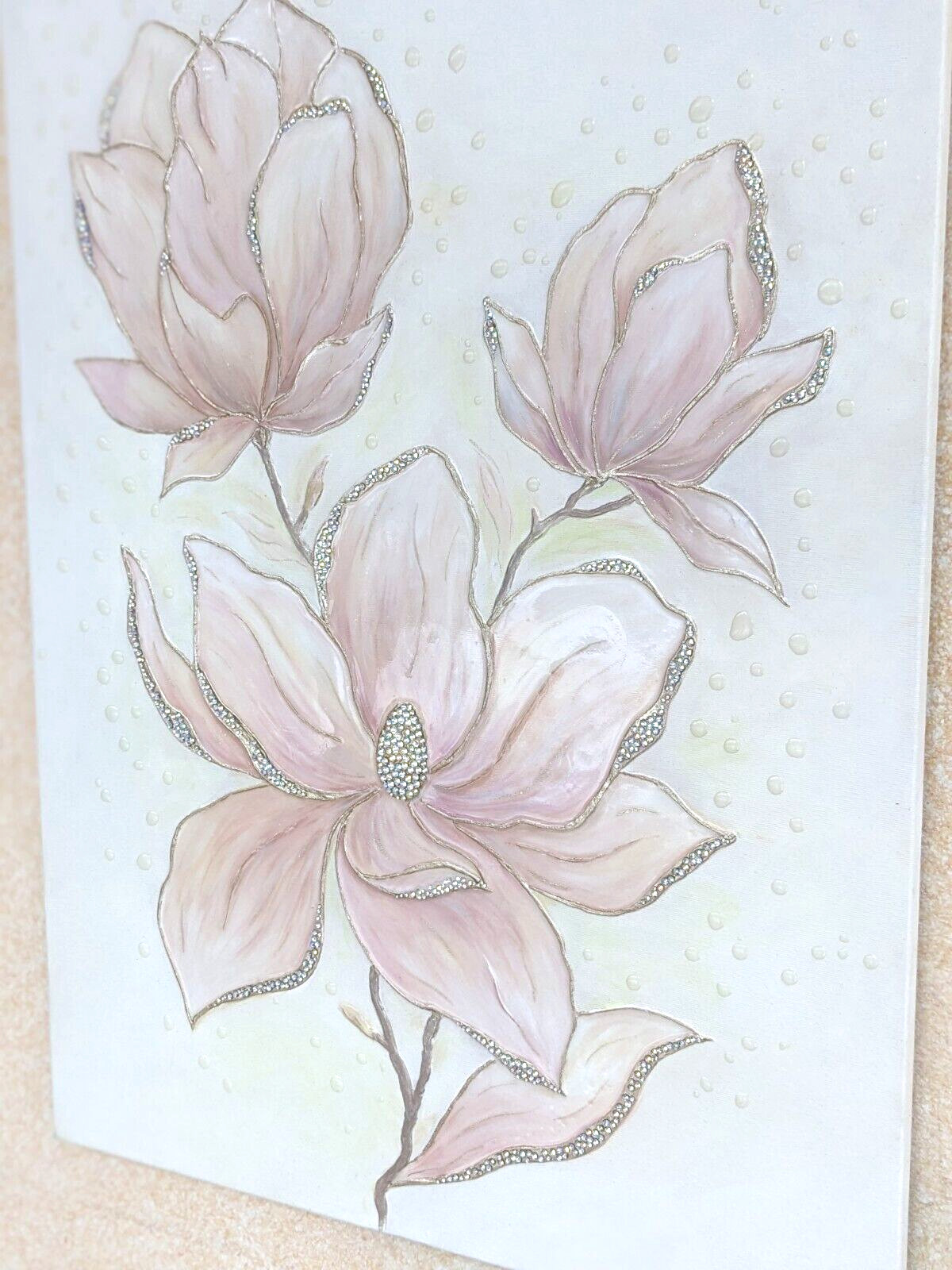Large 3D texture magnolia painting, Pink floral wall art, Rhinestone Resin Art