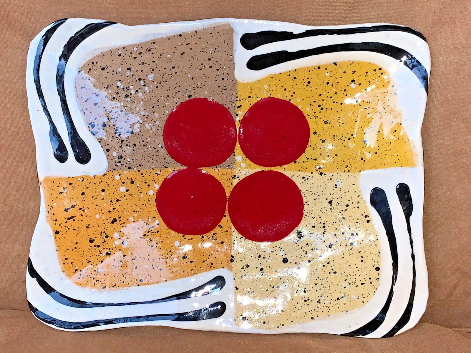 Listed Artist Jack Charney Mid Century Ceramic Tray Geometric Red Dots Ex Cond