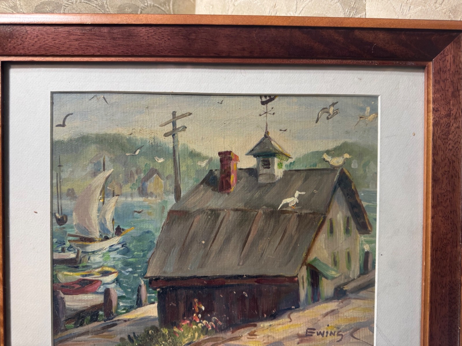 Florence Prince Ewing «Harbor Landscape Scene» Oil Painting – Signed/Framed