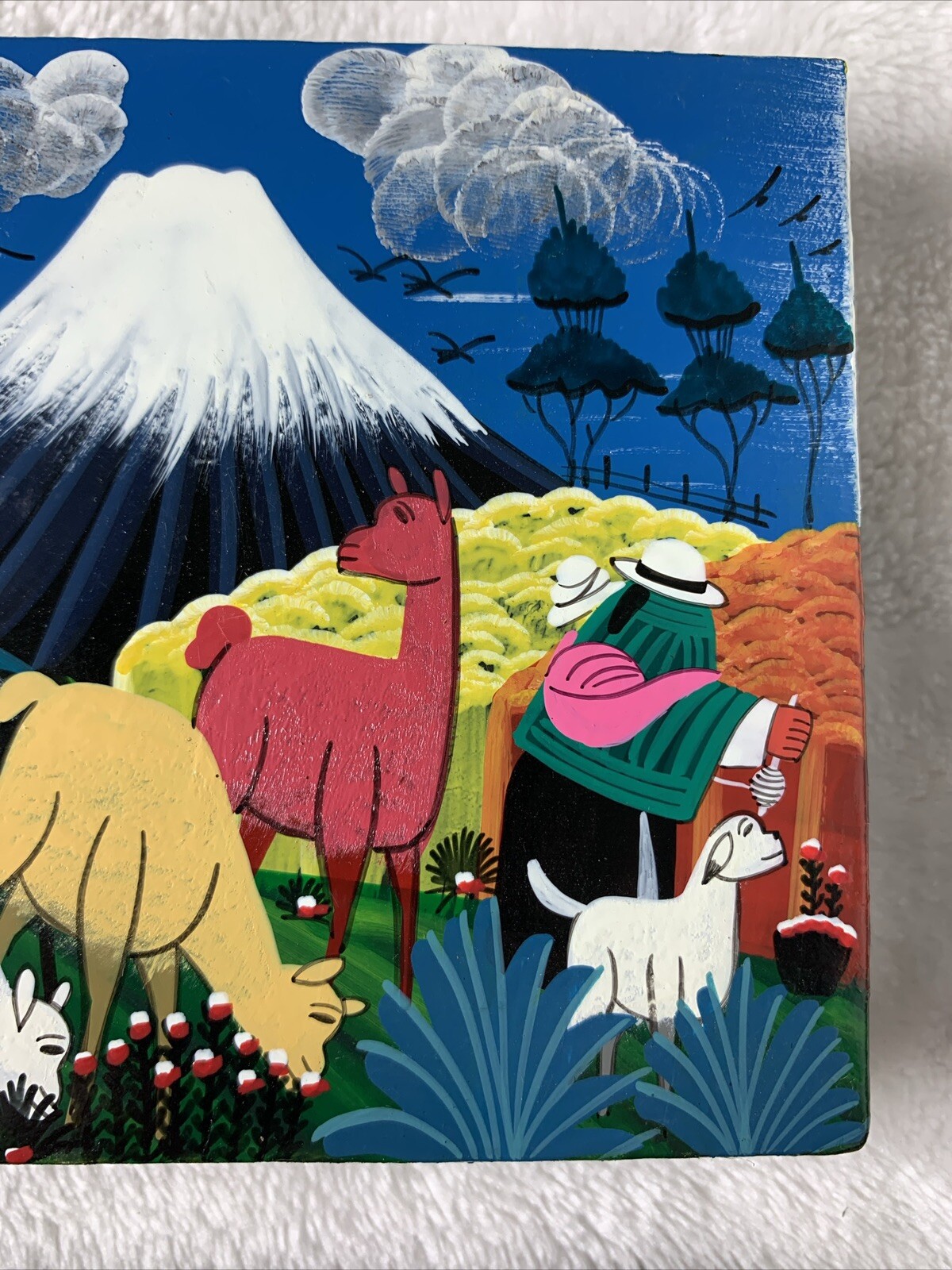 Vintage Cotopaxi Ecuador Mini Paintings Hide Llama Alpaca Signed Pedro Vega Pair