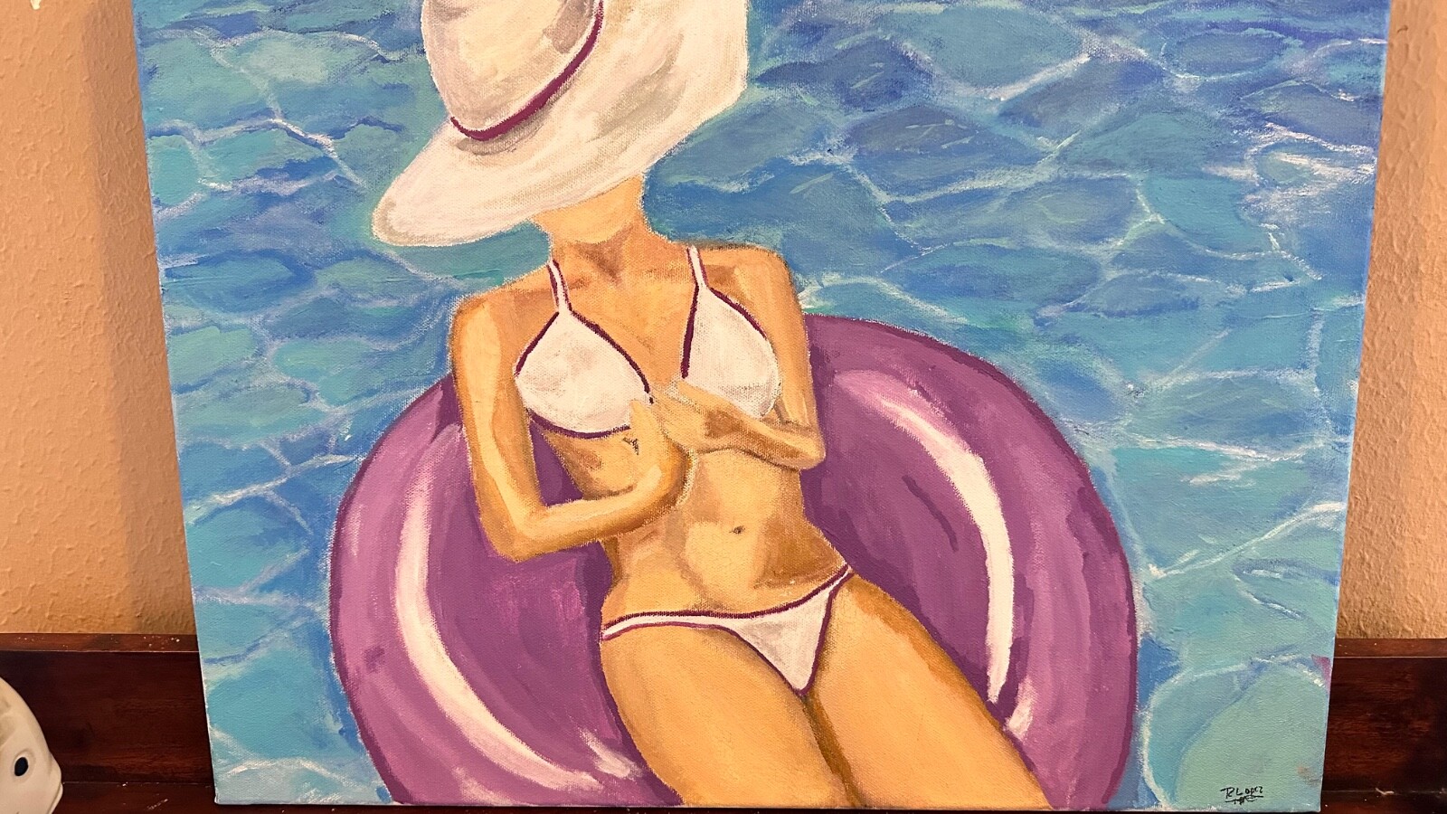 Original Painting Woman Floating ring, Summer Swimming Pool Wall Art 20”x 16”