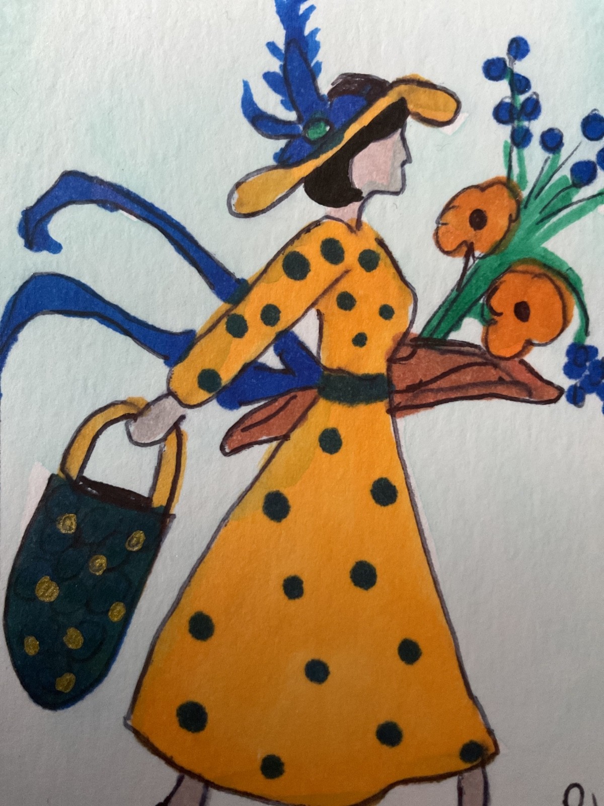 ACEO watercolor art by PJ, art card 2.5 x 3.5: lady polkadot dress.