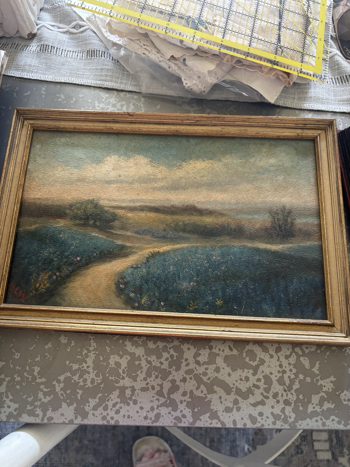 Impressionist Framed Landscape Path Field Trees Sky Painting on board