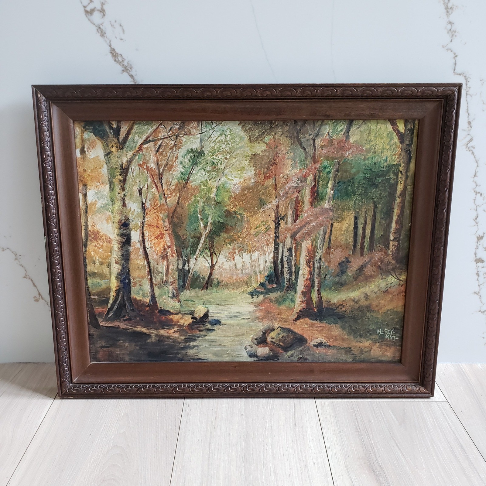 Vintage Original Oil Painting Forest Landscape Signed Al Roy 1957 Framed 16×20