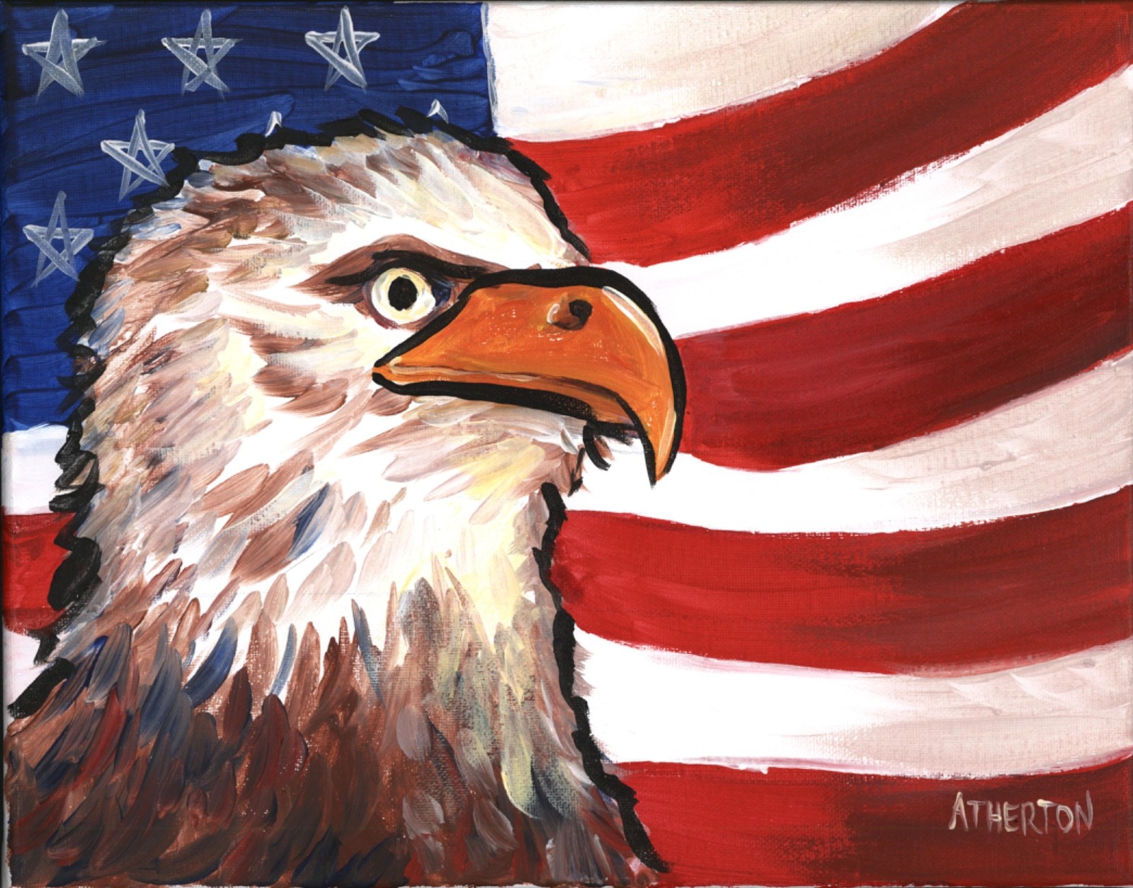 Atherton 11×14 Original Expressionism Acrylic Painting «Eagle with Flag» signed