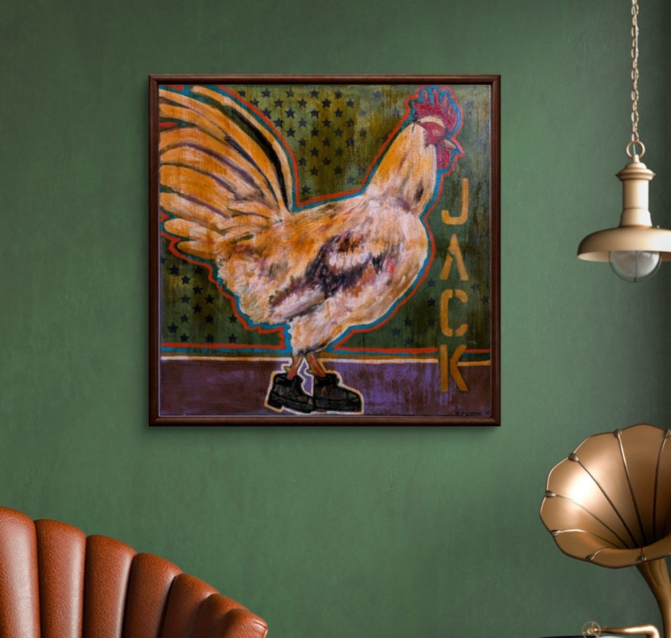 «You Don’t Know Jack» K. Bickman 36″ x 36″ acrylic on canvas – Rooster in Boots