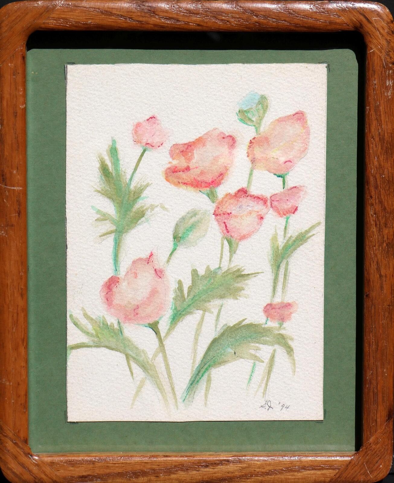Poppy flowers, original artwork watercolor painting on cardboard 1994 9×11