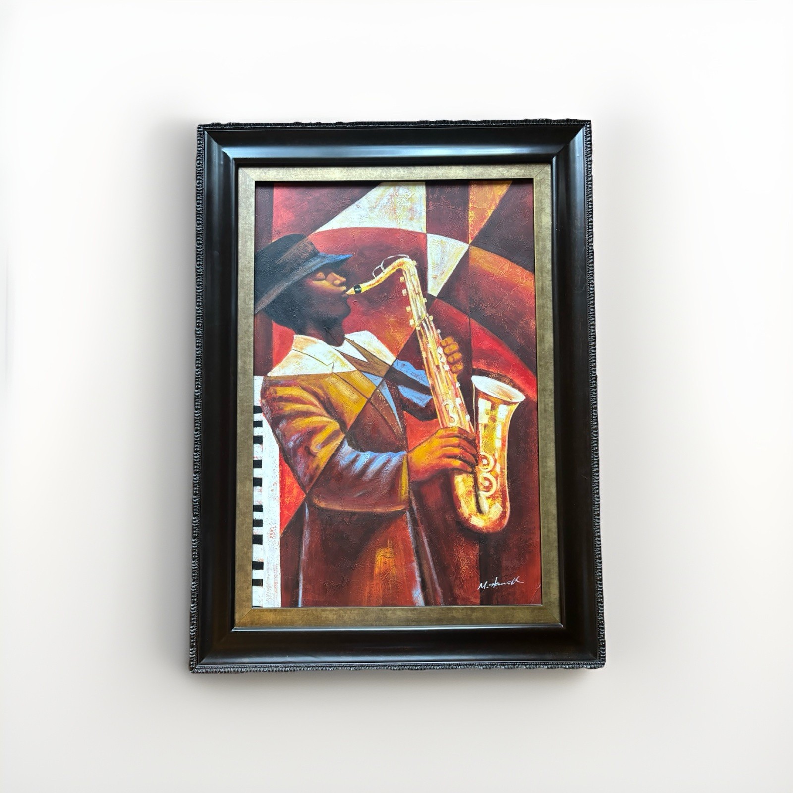 M. Hanoble Large Art Deco Saxophone Player Oil Painting –45×33.5 Framed Jazz Art