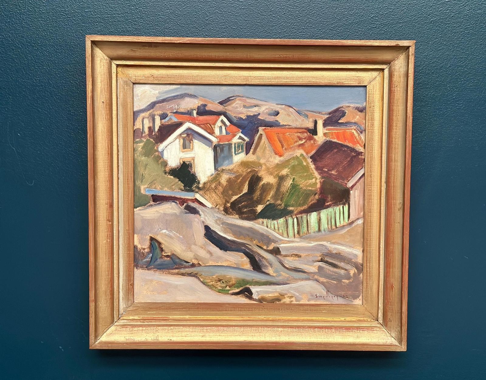 Swedish Oil on Panel – “Landscape with Huts” by FRITZ SMEDBERG – 54 × 52 cm