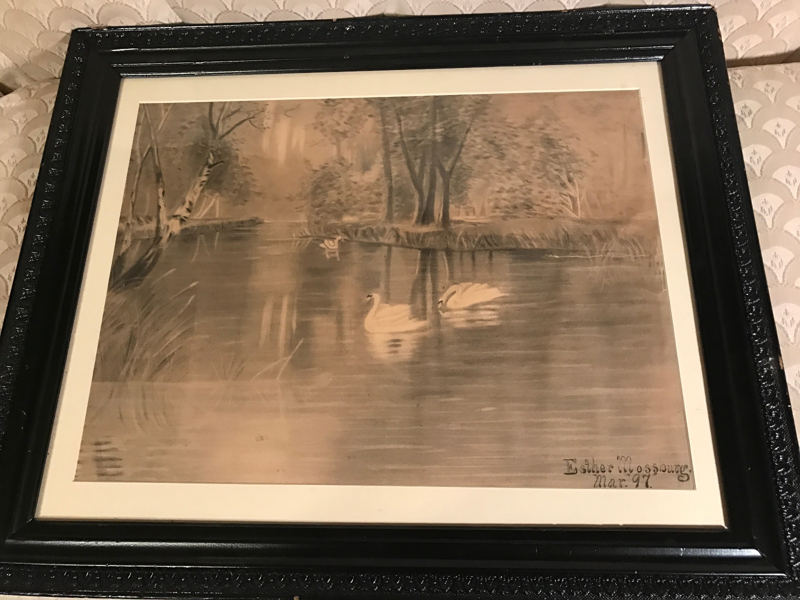 Nice Esther Mossburg 97 «Pond With Swans Scene» Charcoal Drawing – Signed/Framed
