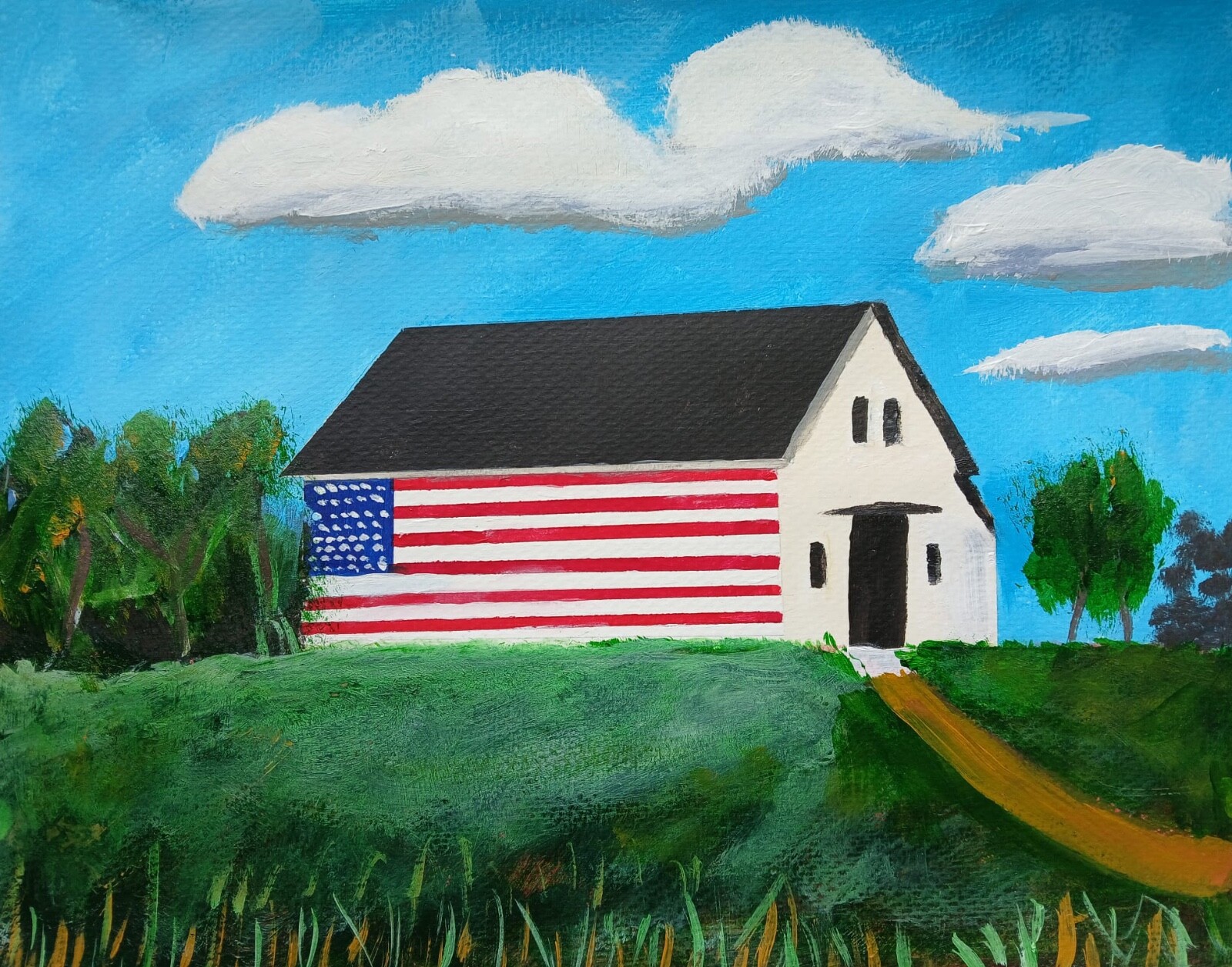 Imrpessionism PATRIOTIC BARN/FLAG 1 1X14 Handmade Signed Colorful ART Painting