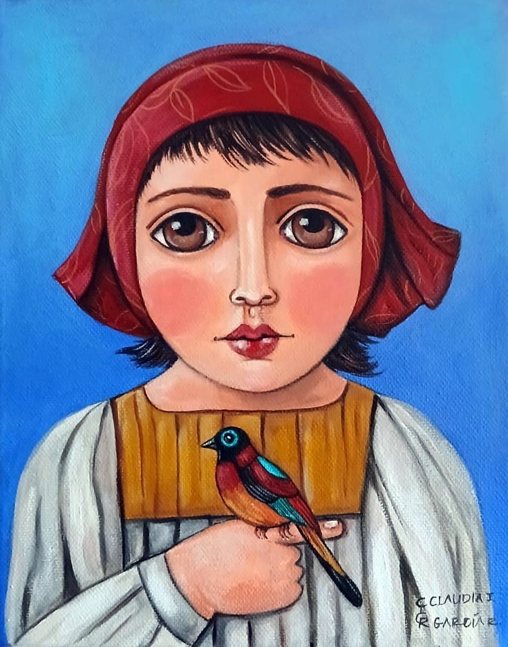 Original Folk Art. «GIRL WITH BIRD» . 8″x10″. Original Stretched Canvas.