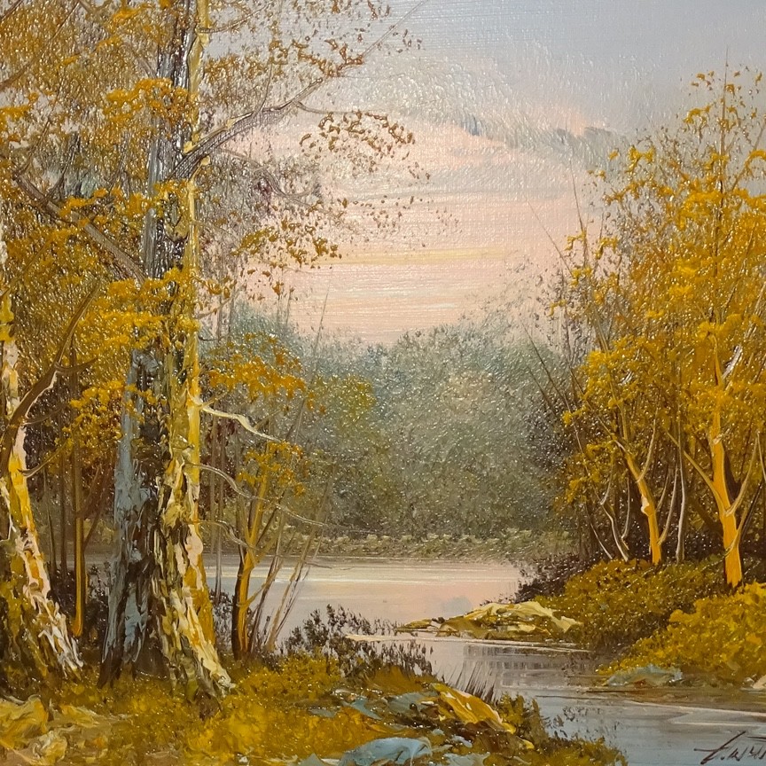 1980s Autumn Landscape Oil Painting Fall Foliage Trees Stream Sunset 22×17.75