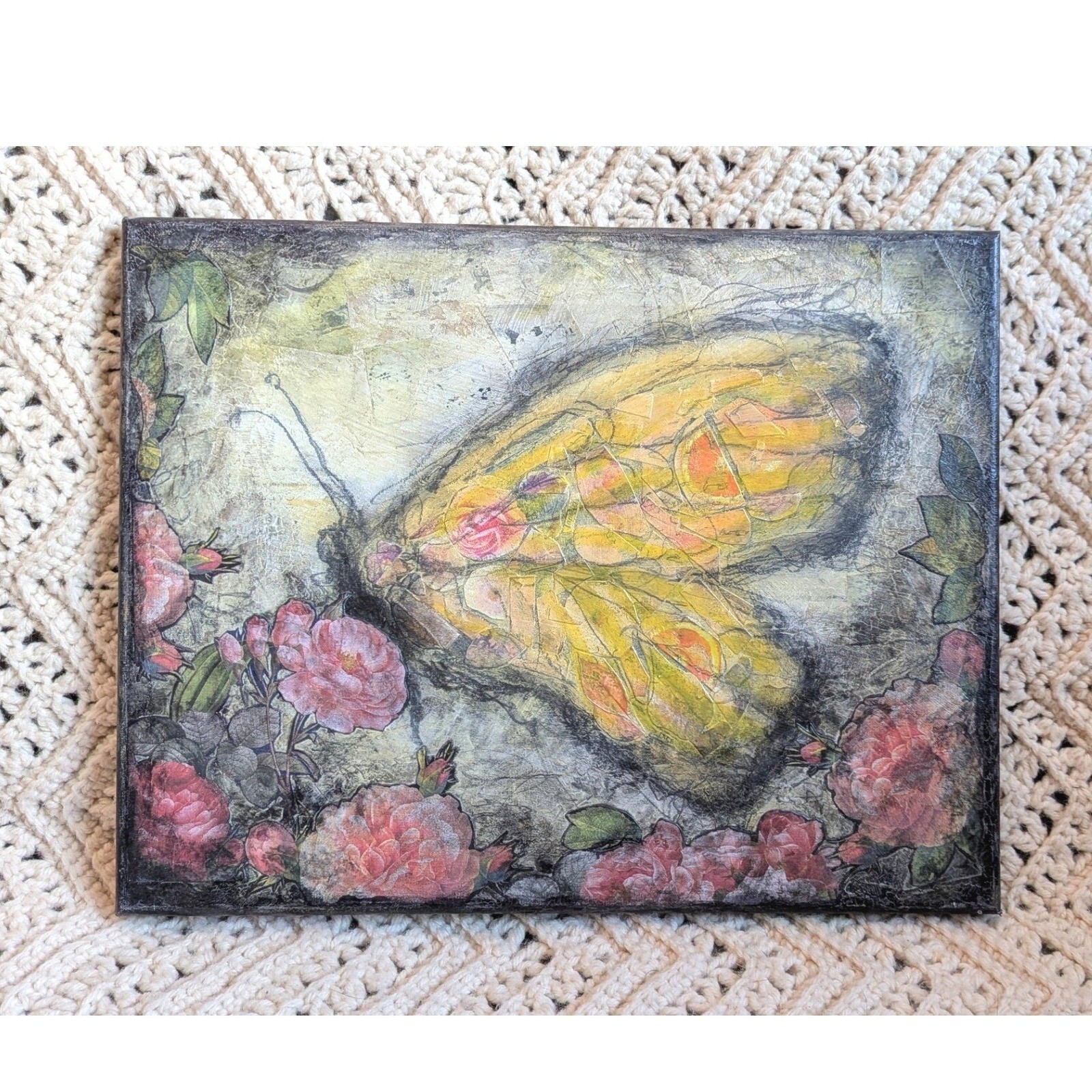 Butterfly and Roses Mixed Media Art 11×14 Original Canvas Painting Wall Decor