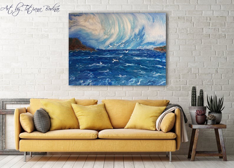 Original Ocean acrylic pour painting on large canvas Fluid art 24×32″