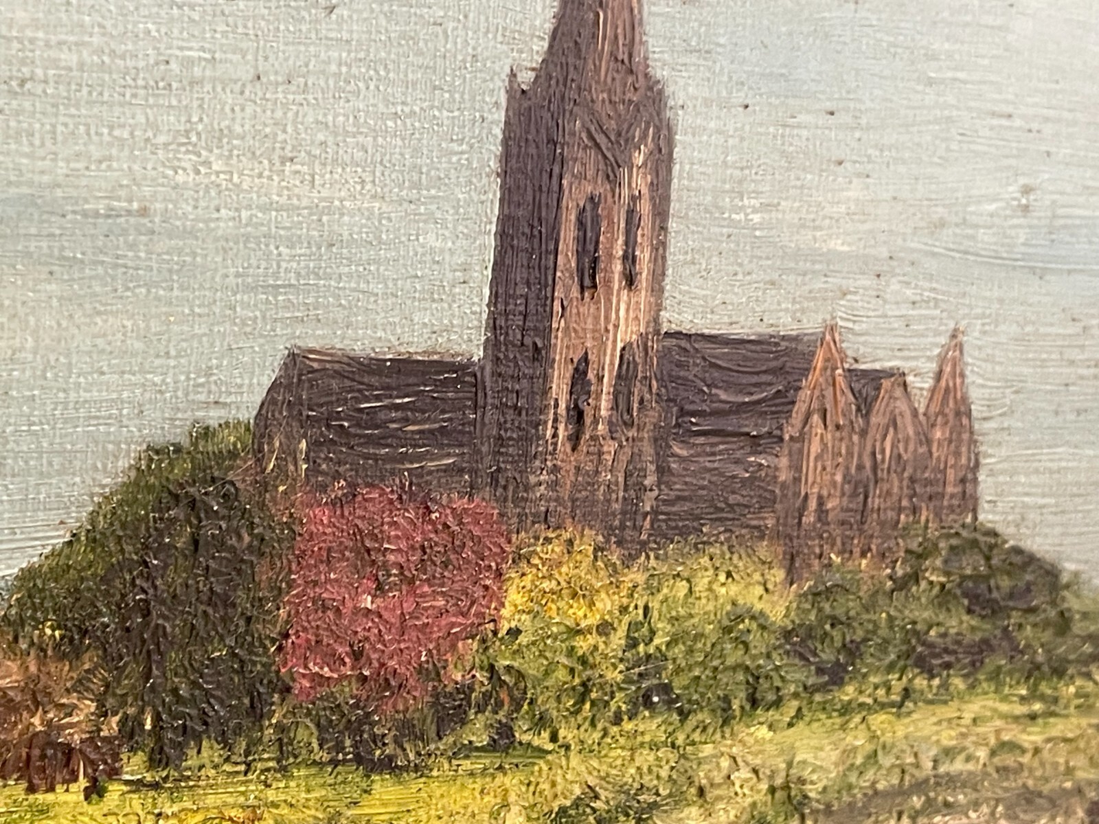 ENA Artist Signed Oil Painting On Masonite Church Country River Framed 27×21″