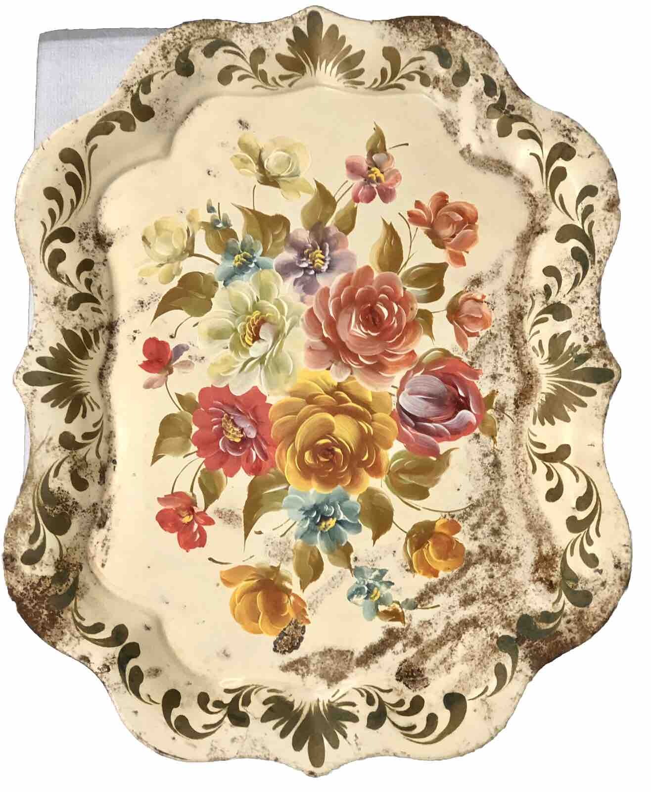 Vintage Handpainted Large Cream Tea Tray Flowers Rusty Folk Art Tole Cottagecore