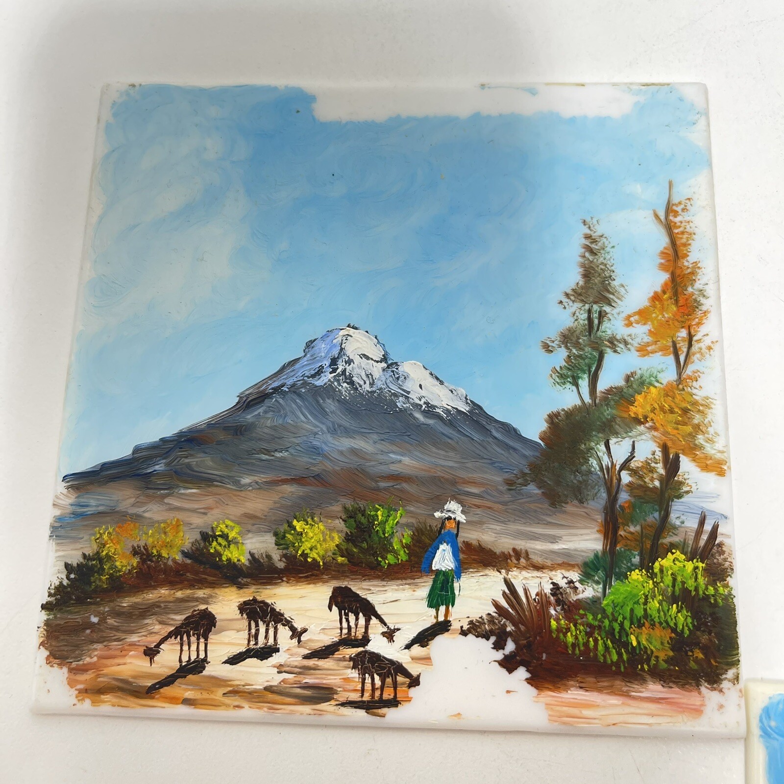 5 Ecuador Folk Art Hand Painted Plastic 4”x 4”Tiles Signed Los Altares Cotopaxi