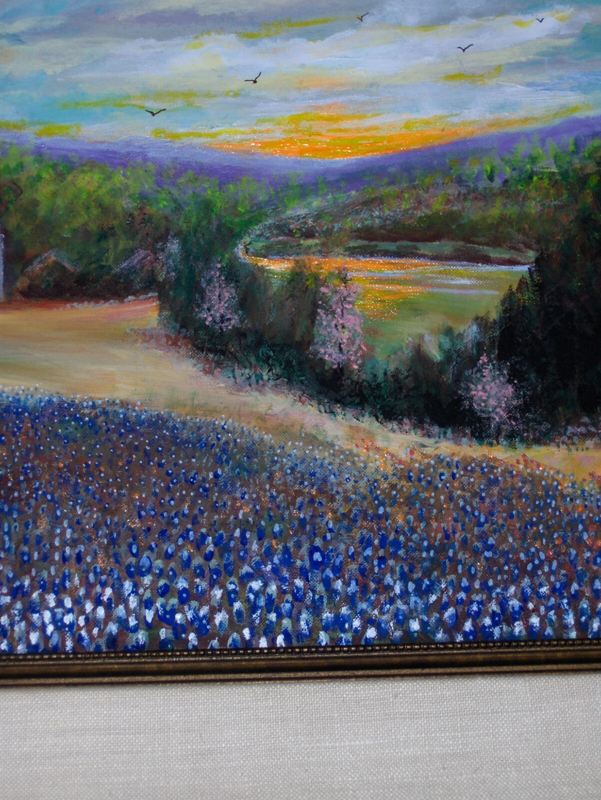 LARGE ORIGINAL Bluebonnet Landscape Lake Creek Blooming Tree Vintag Cnv Painting