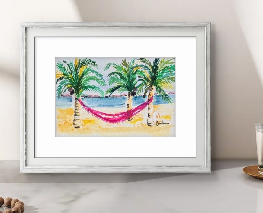 Original Signed Watercolor Painting.Lilly Pulitzer- inspired.Wall art.Beach. sea