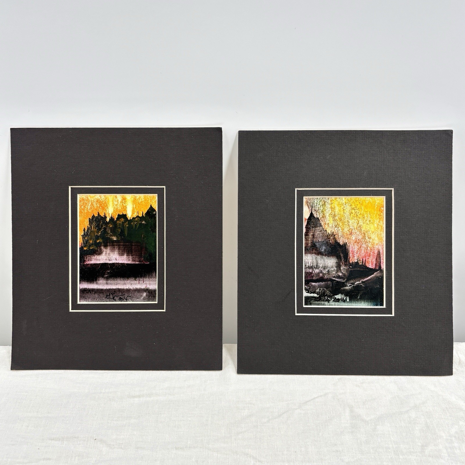 Gouache Paintings Pair Signed Quebec Canada Abstract Landscapes Matted 7×8″