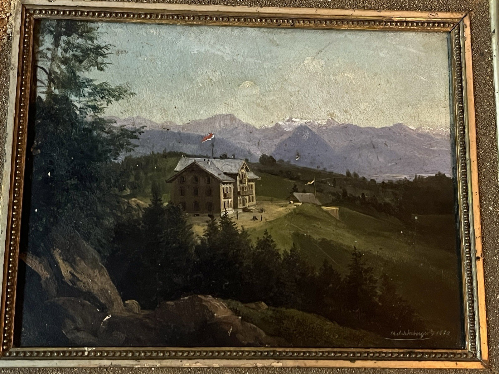 Painting Mountain Landscape with House and Flag Signed A. Schönberger 1880