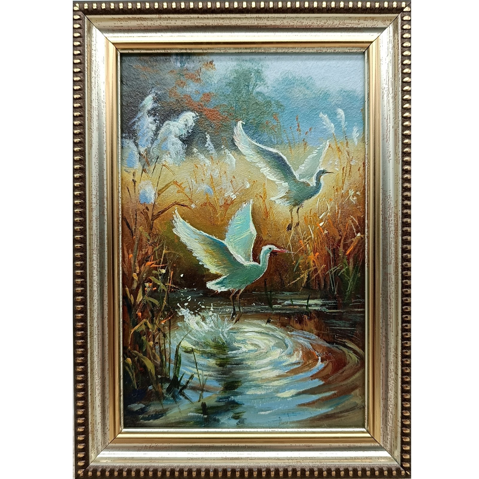 Egret Original Oil Painting 4×6 Framed Signed Heron White Birds Lake Wildlife