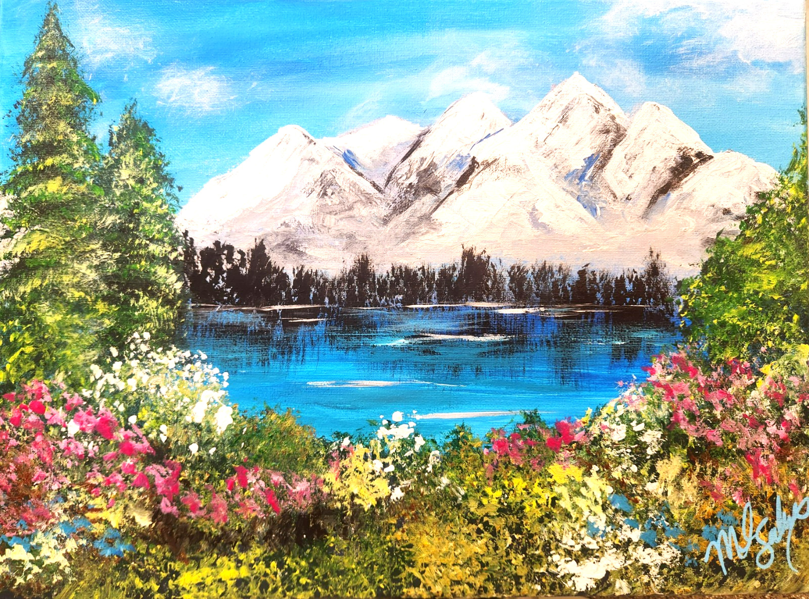 Mountain Lake Painting 12×16 Original Landscape Snowy Peak Wall Art