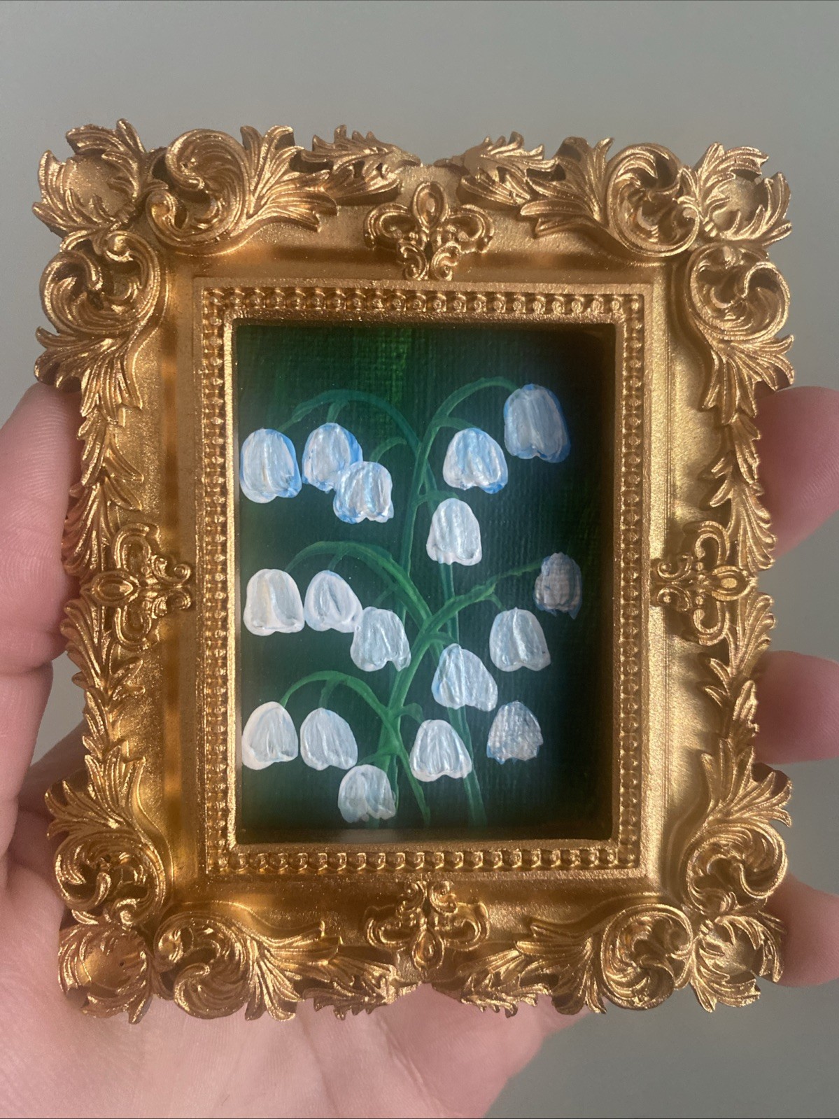 Lily Of The Valley Flowers Original Painting ,miniature,small,gold,framed
