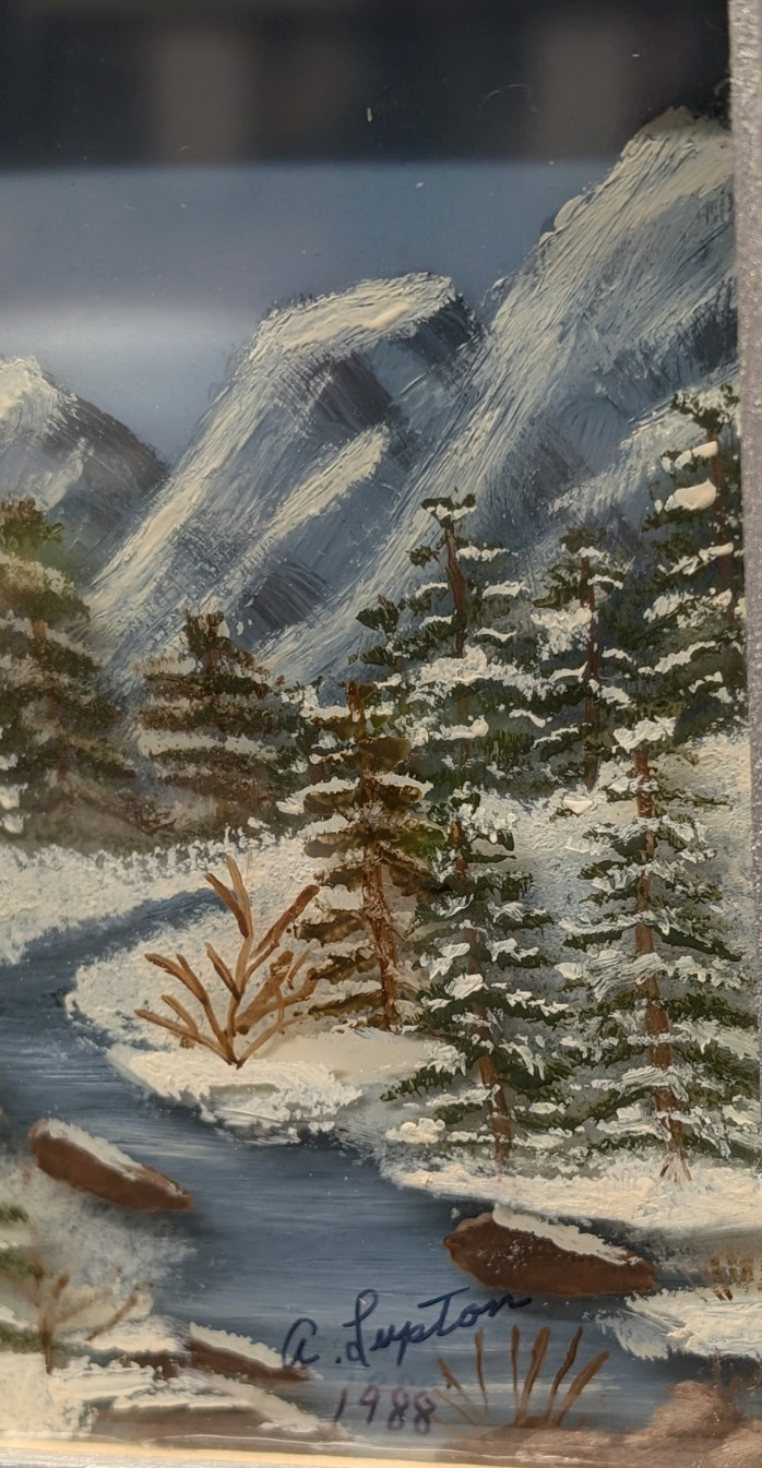 Original Winter Landscape Painting Framed Layered Glass Art Snow Mountains 6″x5″