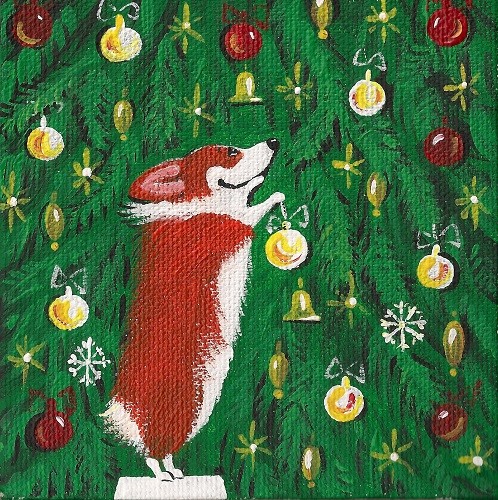 4X4 PRINT OF PAINTING RYTA FOLK ART TREE PEMBROKE WELSH CORGI CHRISTMAS 🎄 Gift