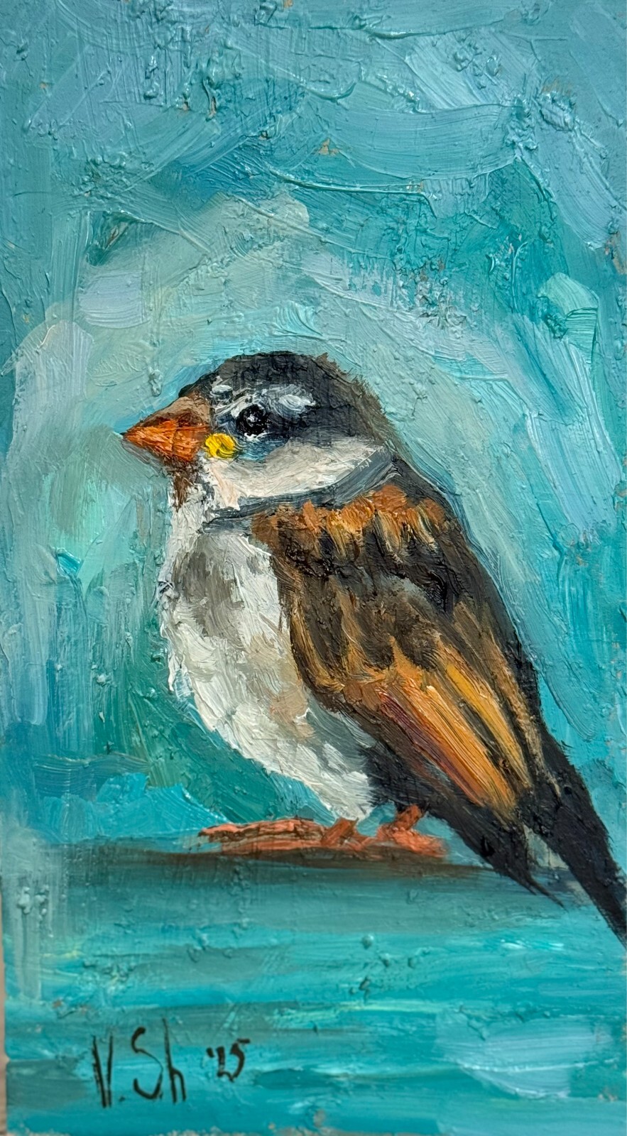 Original Oil Painting Bird Sparrow Collectible Landscape ART Signed 7×4 in