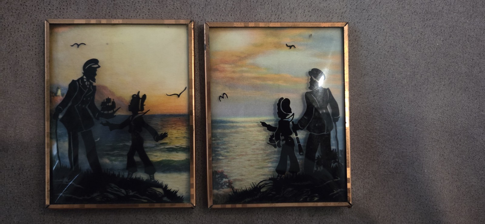 Reverse Painted Convex Bubble Glass Silhouette Nautical Theme 2 Vtg 4.5″ x 3.5″