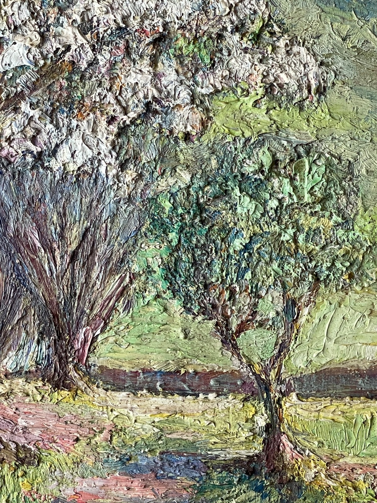 Antique Impressionist Oil Painting Panel Manner Pissarro Countryside in Spring