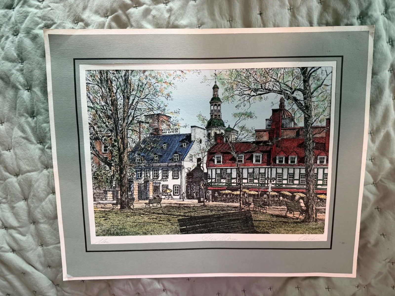 Vintage Alan Couture Signed Ink Color Drawing Quebec Place D’Armes