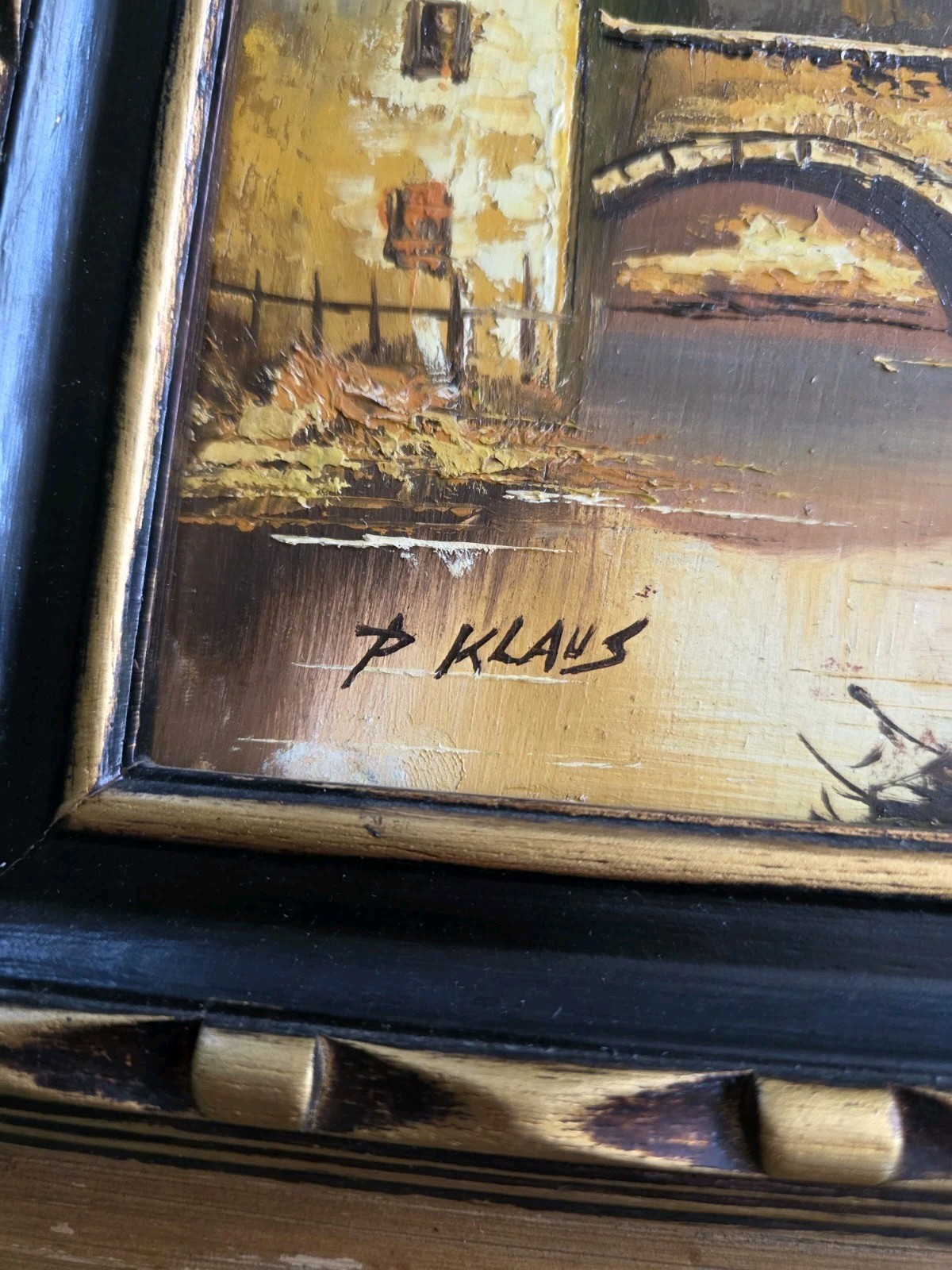 Vintage P Klaus Oil Painting on Board Landscape Scene Fall Bridge River 13×11