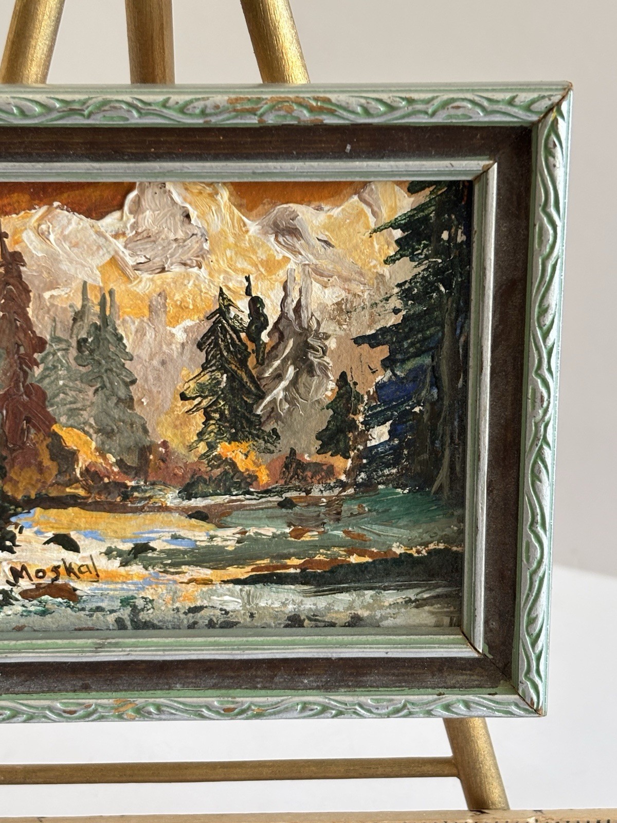 Vtg Mini Original Autumn Mountain Stream Landscape Painting Framed On Easel 3×4”