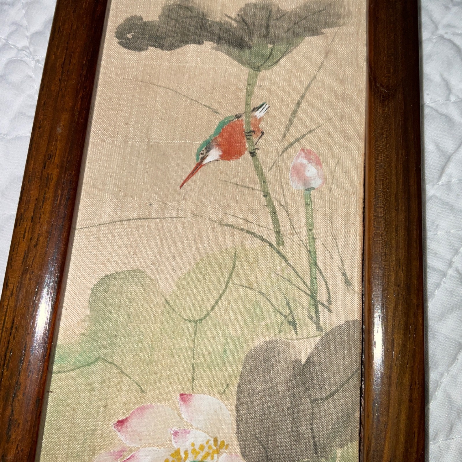 Small two sided Asian painting, original handpainted, flowers, floral birds