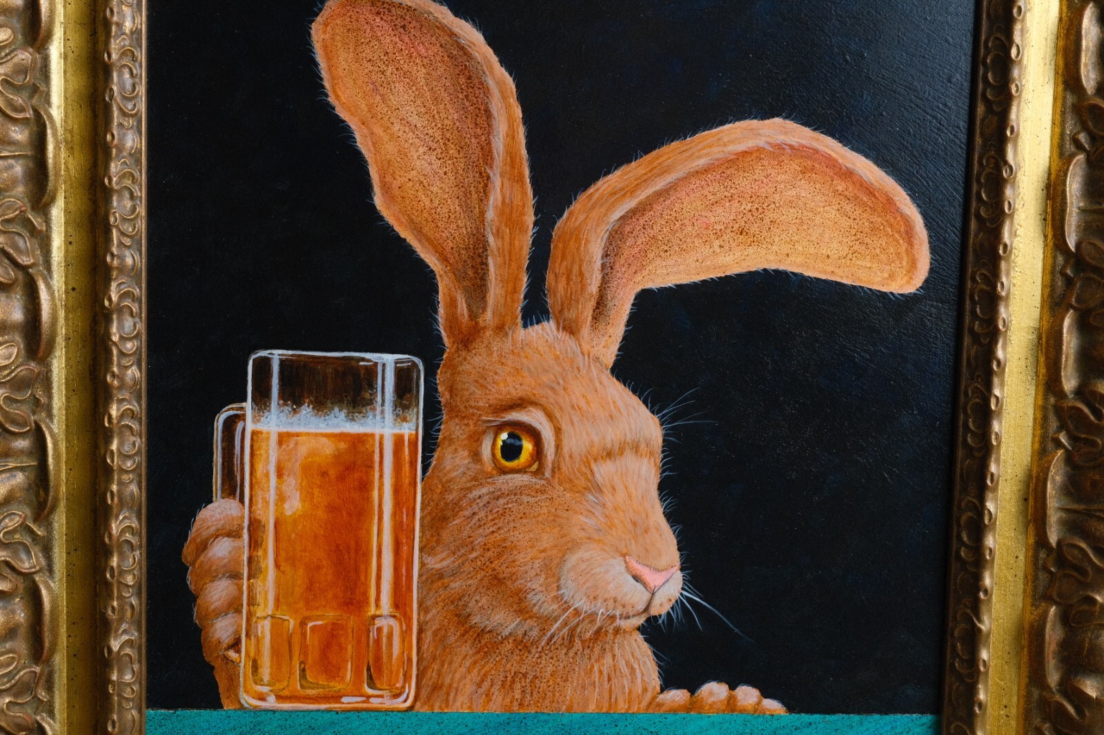 «Jack and a Beer Back» Original by Will Bullas – Signed Whimsical Rabbit at Bar