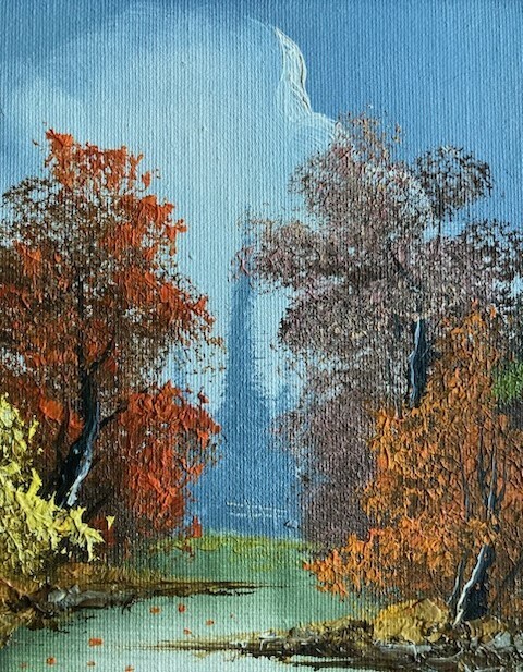vtg original oil painting on board 8″ x 10″ framed matted landscape signed