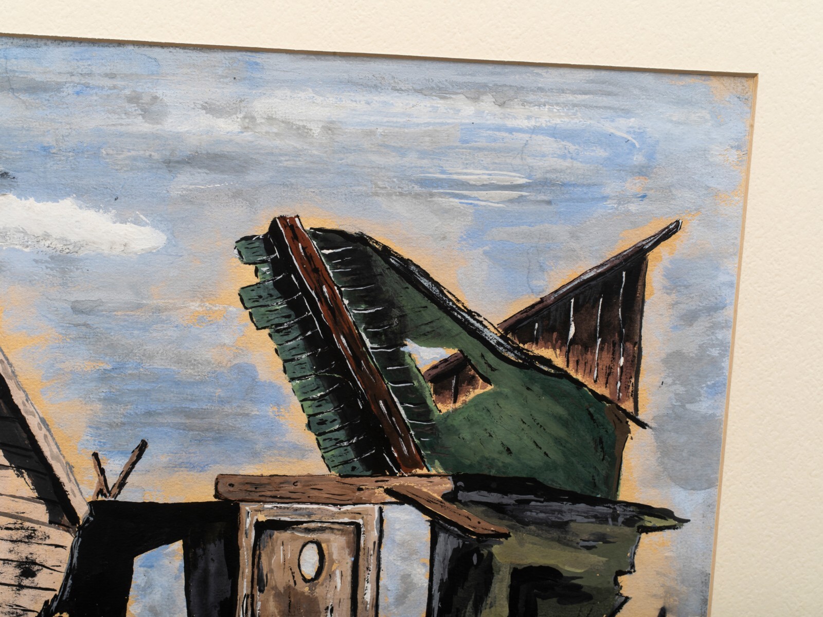 American Mid Century Mixed Media Town Scene «Impressionism» , Signed, 1954