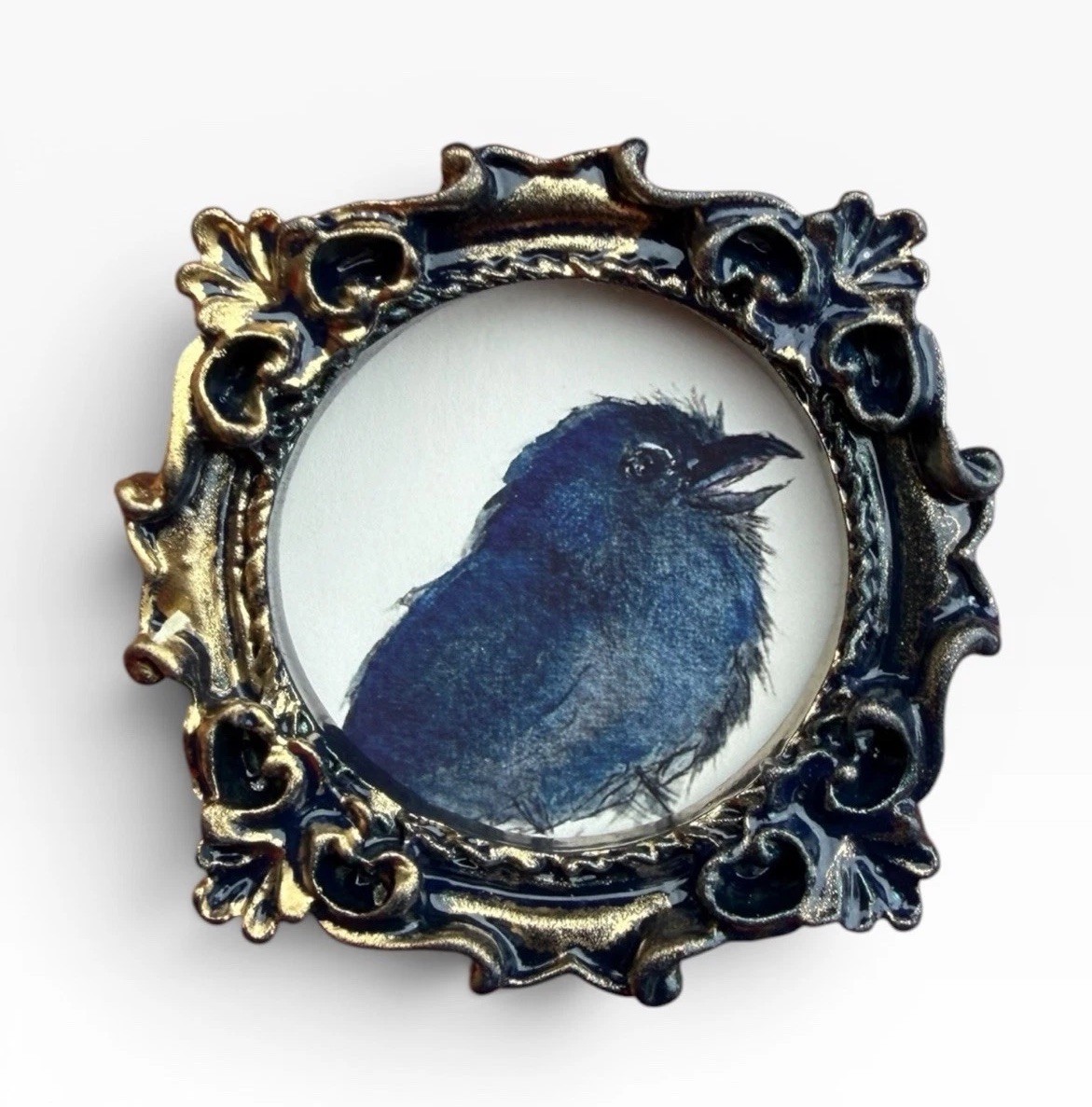 TEENY MINI • Baby Raven watercolor bird print in TINY ornate frame