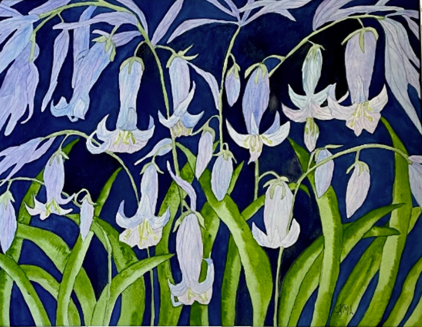 PAINTING WATERCOLOR ORIGINAL ART BLUEBELLS FLOWER BLUE PURPLE 11X14 & 16X20 MAT