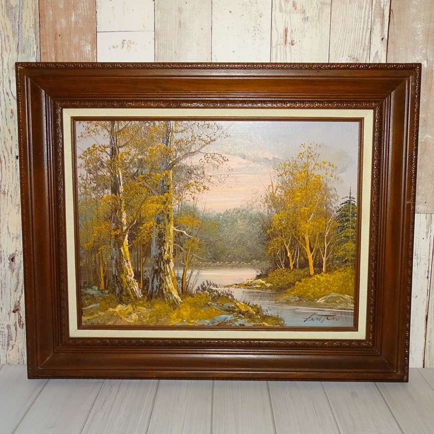 1980s Autumn Landscape Oil Painting Fall Foliage Trees Stream Sunset 22×17.75