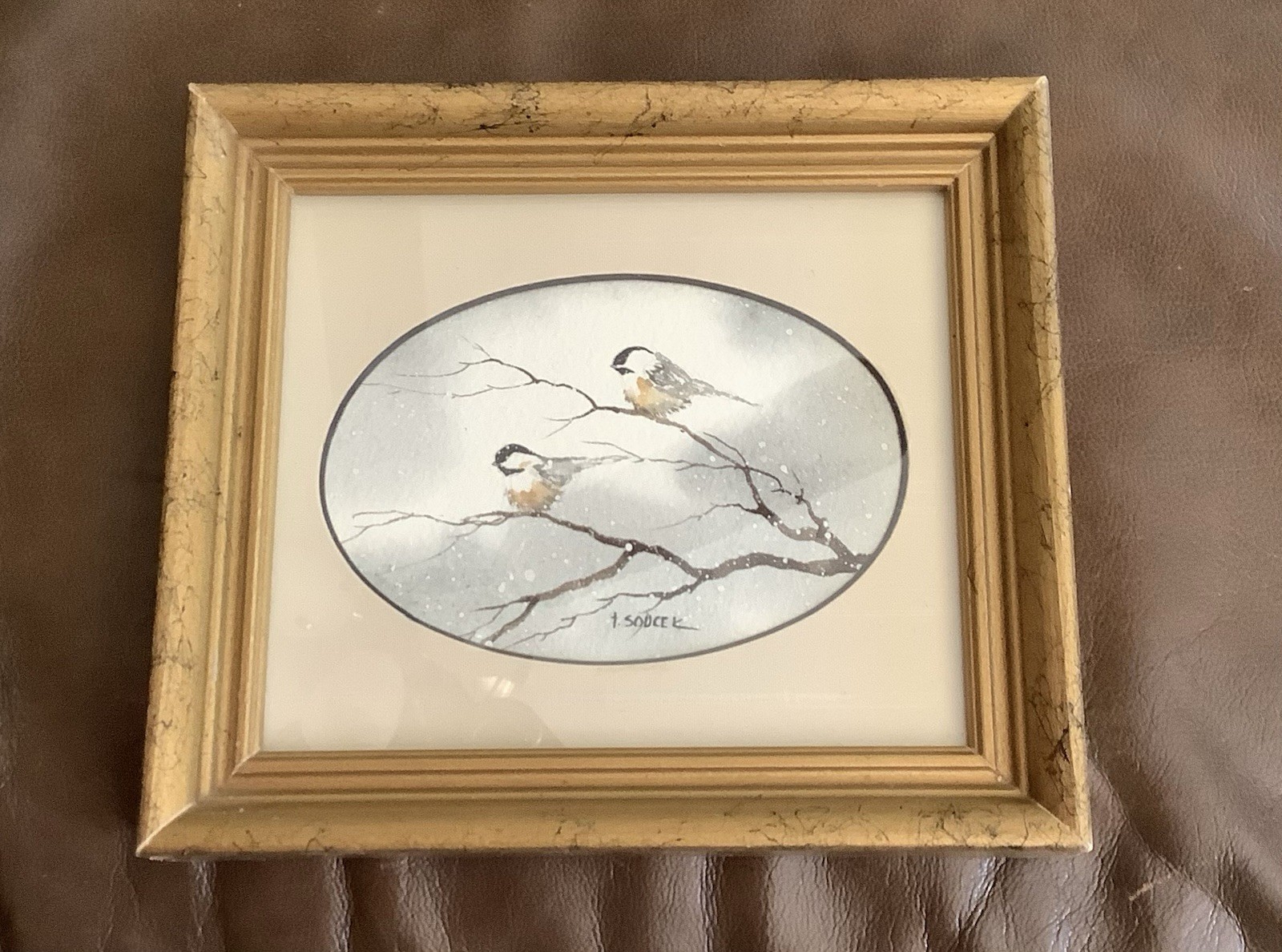 T Sources Framed Chickadee Bird Watercolor Painting Wall Art Signed Small