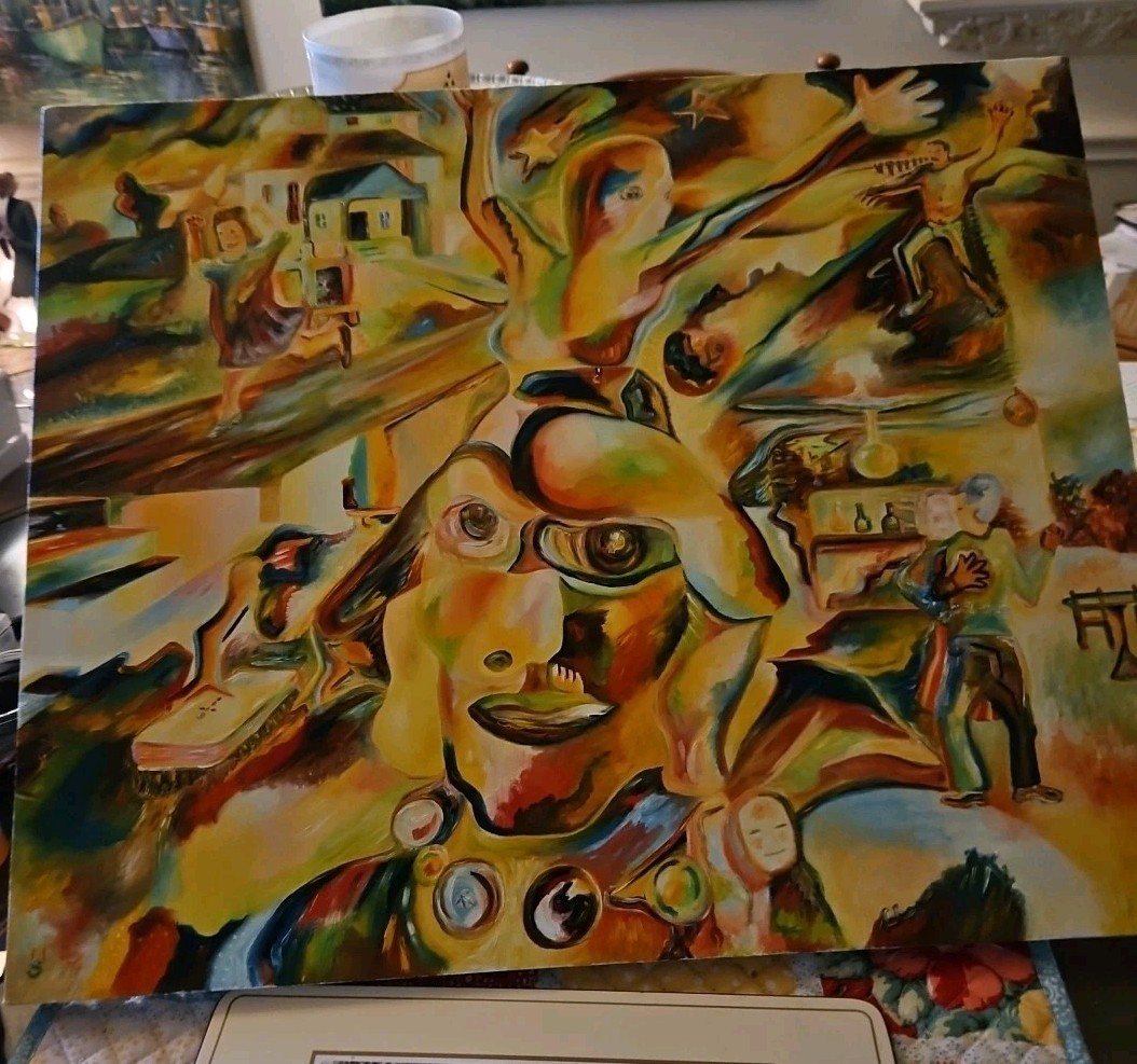 Original VTG 1984 Abstract Art Oil On Linen «Cheating Hearts» Michael B.Stuart
