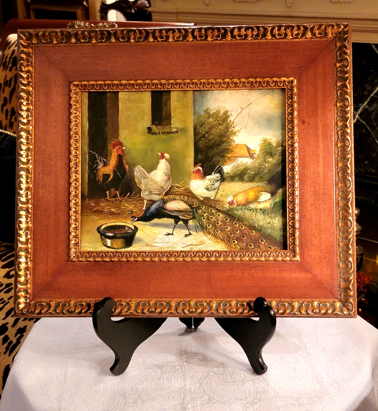 FRAMED OIL ON BROAD OF ROOSTERS ,CHICKENS & A PEACOCK, 15.5»L X 13.5»H